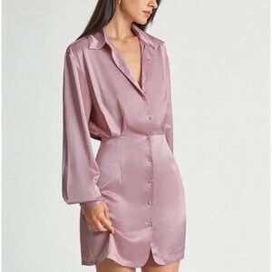 Pink Satin Long Sleeve Collared Button Front Shirt Dress- Size Small